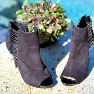 Open toe black bootie heels